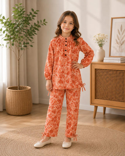 Girls Premium Lavender Floral Printed 2-Piece Co-Ord Set | Soft Cotton Kids Outfit