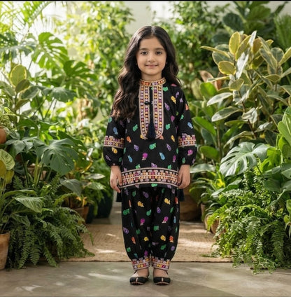Stunning Multicolor Geometric Print Kurta & Shalwar Set for Girls - Festive & Casual Wear