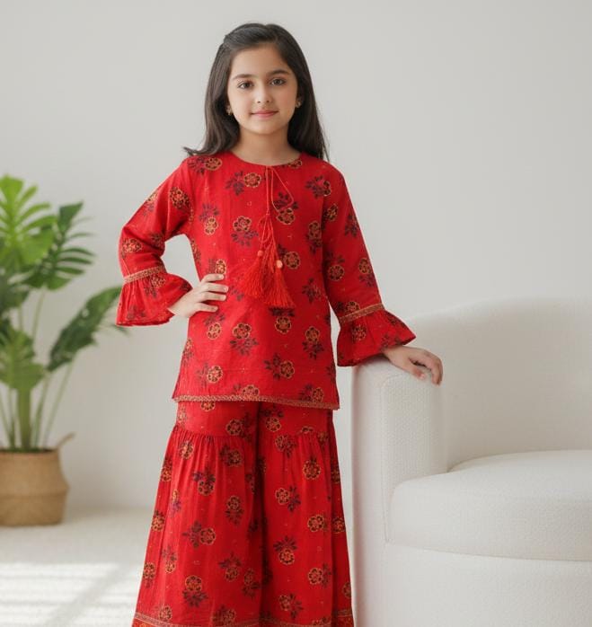 Girls Sky Blue Khaddar Dress with Tassels and Printed Trouser | SH Kids Sphere