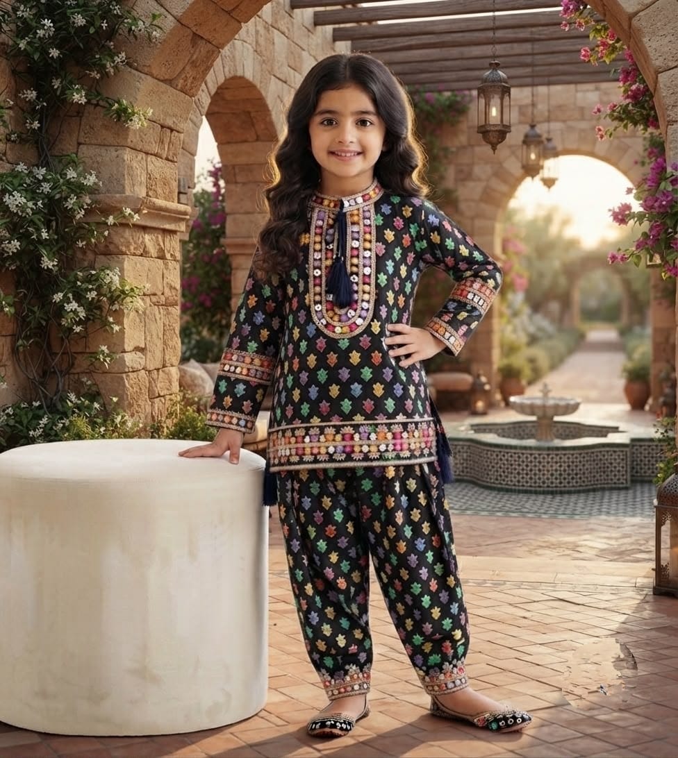 Stunning Multicolor Geometric Print Kurta & Shalwar Set for Girls - Festive & Casual Wear