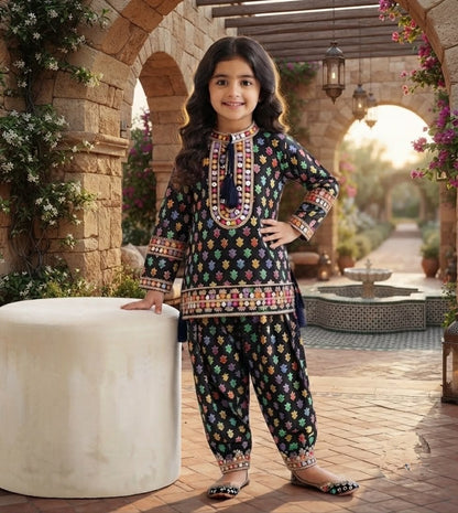 Stunning Multicolor Geometric Print Kurta & Shalwar Set for Girls - Festive & Casual Wear