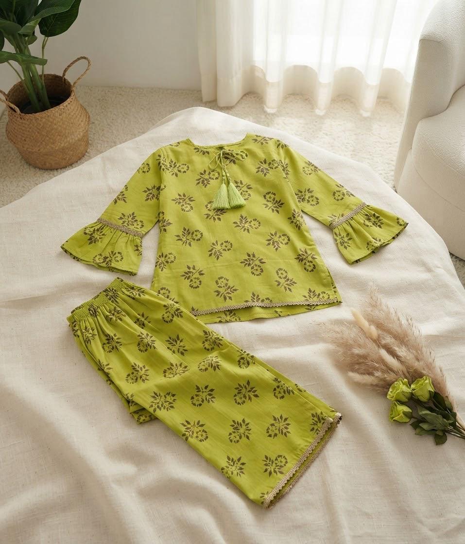 Girls Sky Blue Khaddar Dress with Tassels and Printed Trouser | SH Kids Sphere