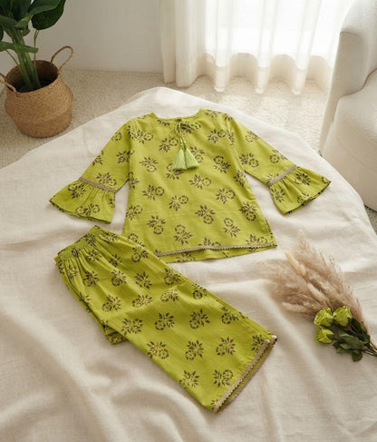Girls Sky Blue Khaddar Dress with Tassels and Printed Trouser | SH Kids Sphere