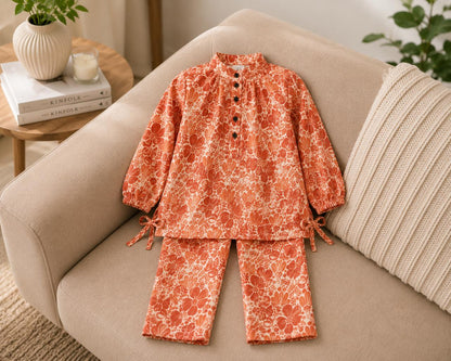 Girls Premium Lavender Floral Printed 2-Piece Co-Ord Set | Soft Cotton Kids Outfit