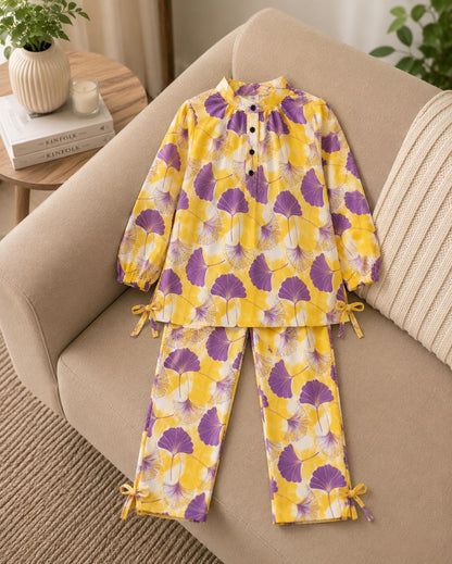 Girls Premium Lavender Floral Printed 2-Piece Co-Ord Set | Soft Cotton Kids Outfit
