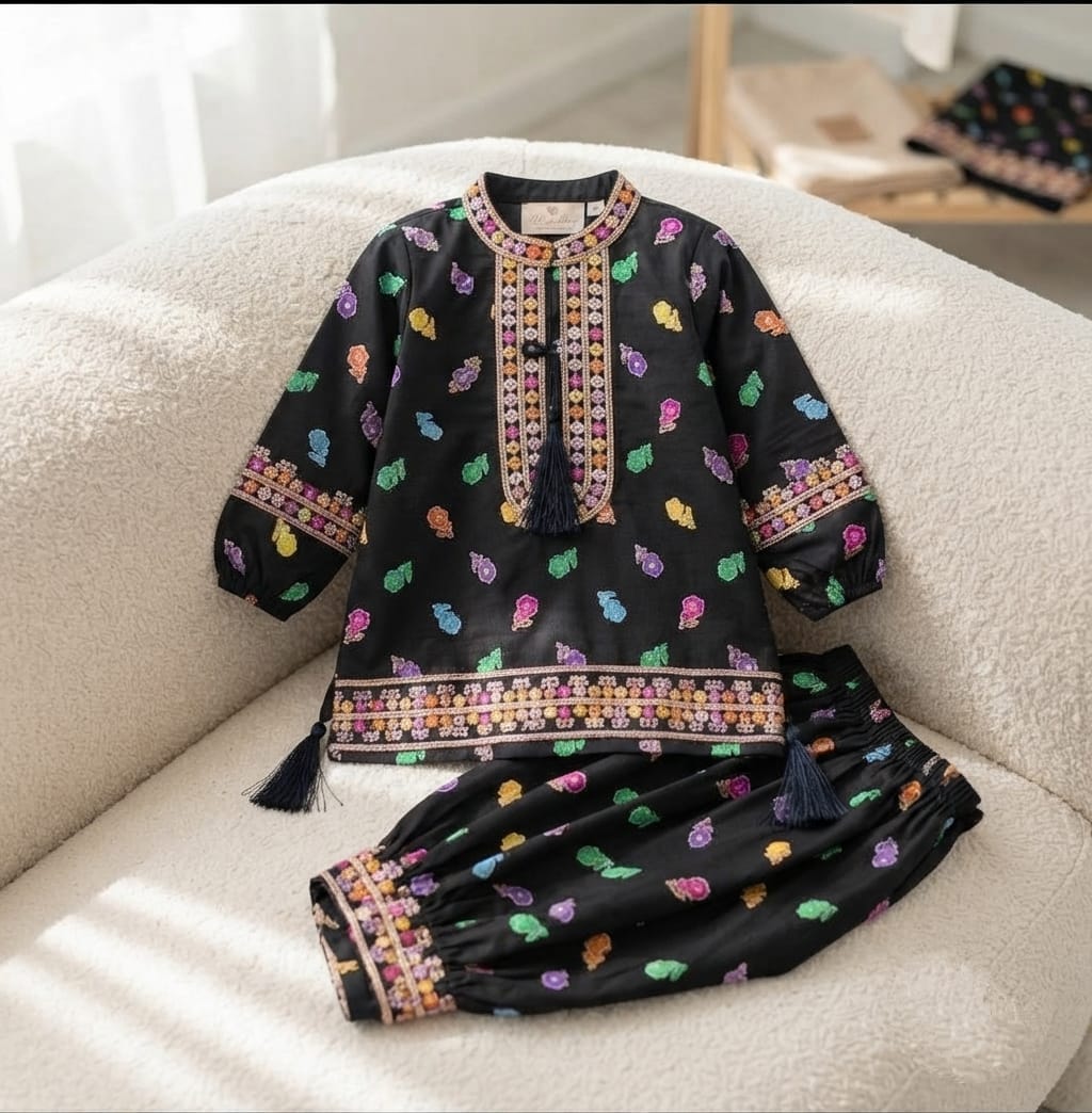 Stunning Multicolor Geometric Print Kurta & Shalwar Set for Girls - Festive & Casual Wear