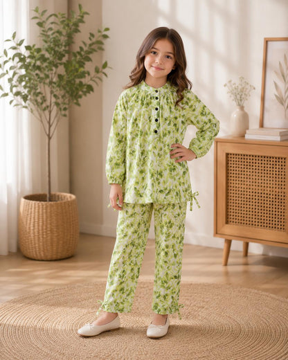 Girls Premium Lavender Floral Printed 2-Piece Co-Ord Set | Soft Cotton Kids Outfit