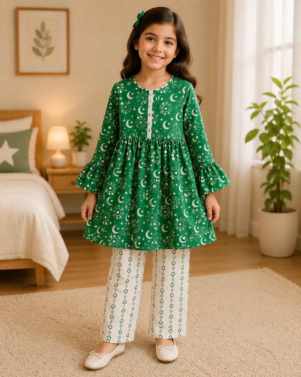 Pakistan Independence Collection – Premium Girls Green Printed Kurta Trouser Set | Soft Cotton | 2-Piece Eastern Wear